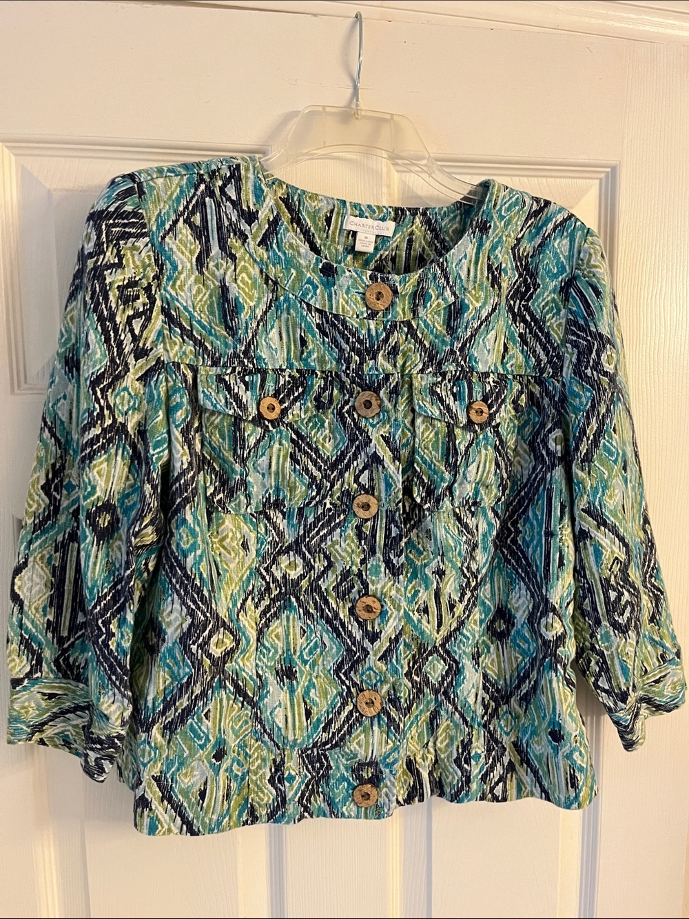 Charter Club Teal Navy Lime Ikat Print Linen Button-front Jacket